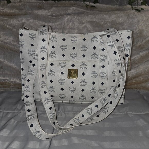MCM Handbags - MCM White & Black Monogram Print Large Tote Bag